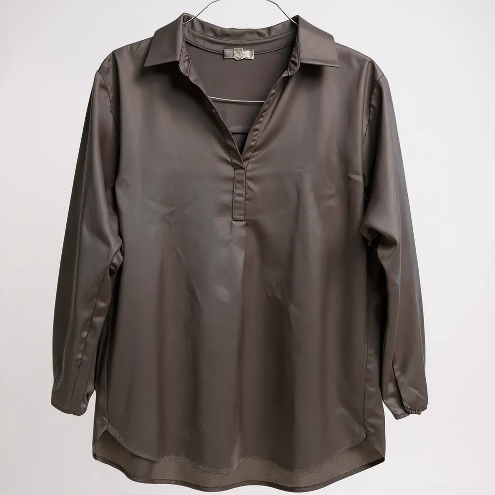 Women’s Pleione Classic Dark Bronze Satin Blouse. Long Sleeve. Size L